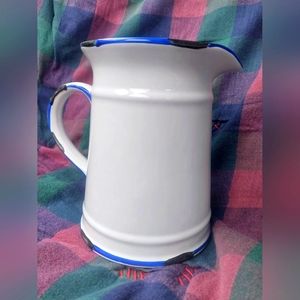 Faux Look Like Enamel Rustic Pitcher white with cobalt blue trim 6” Cottage Styl